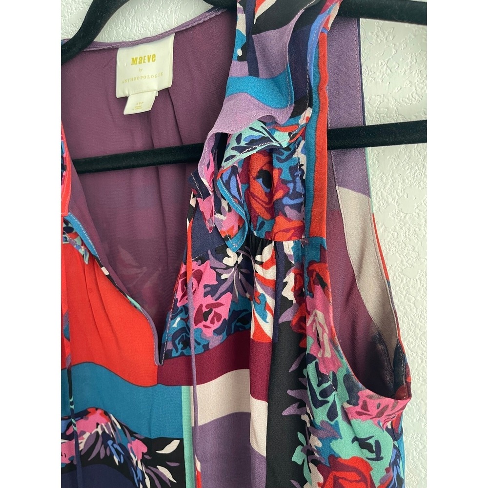 Maeve Anthropologie Floral Patchwork Ruffle Tie Neck Blouse Purple Women XSP - Picture 6 of 8
